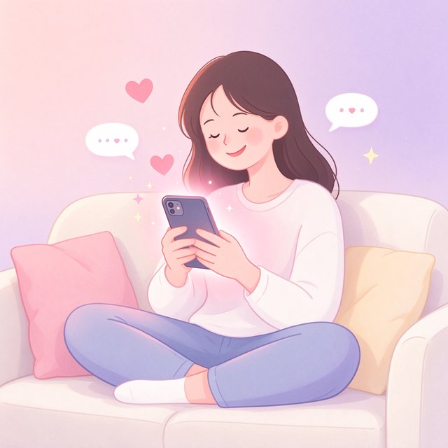 mufy 陪伴聊天场景插画：女孩抱着手机露出温暖微笑